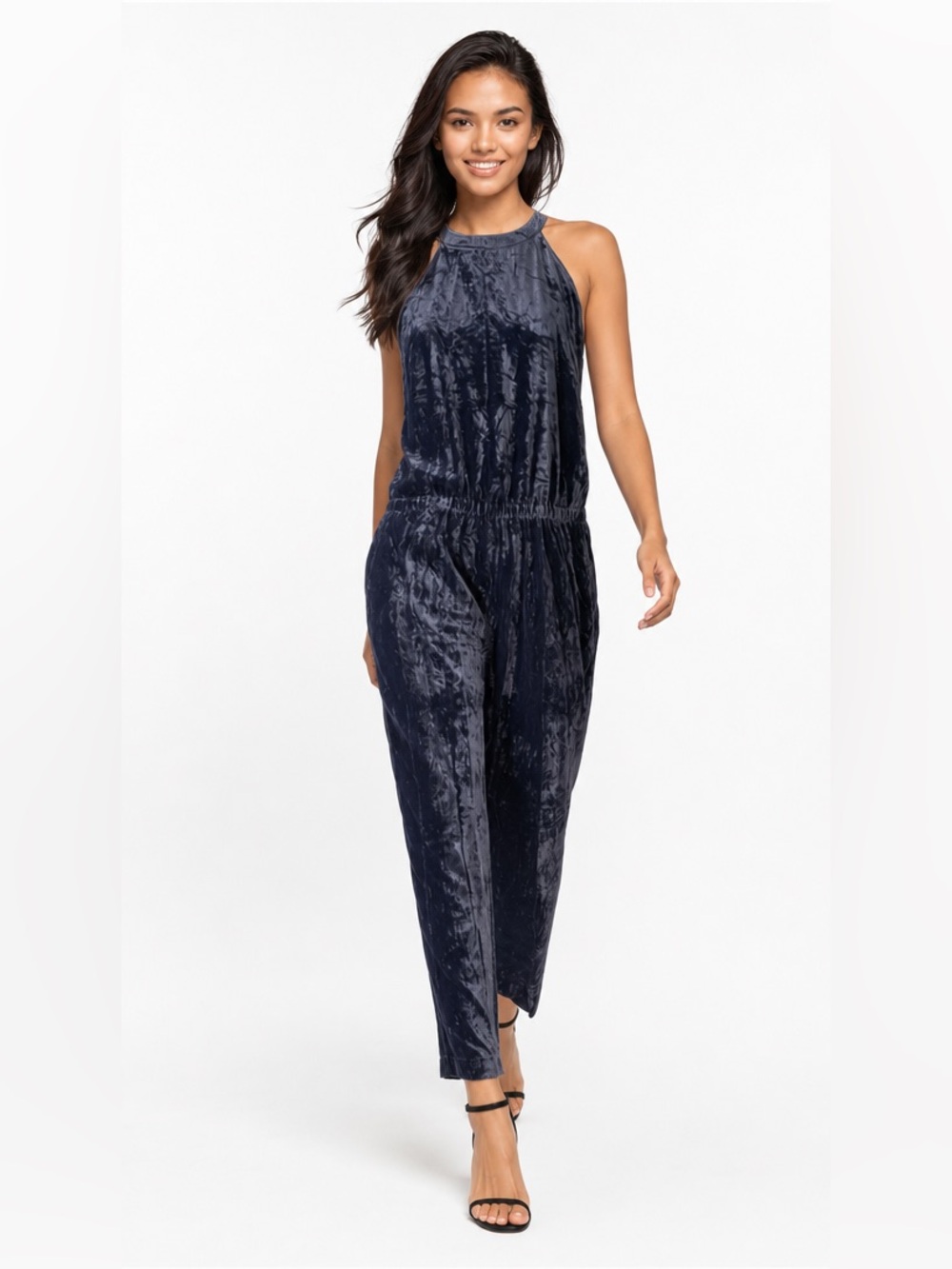 LOFT Navy Blue Crushed Velvet Jumpsuit *with pockets*, Size L, NWT